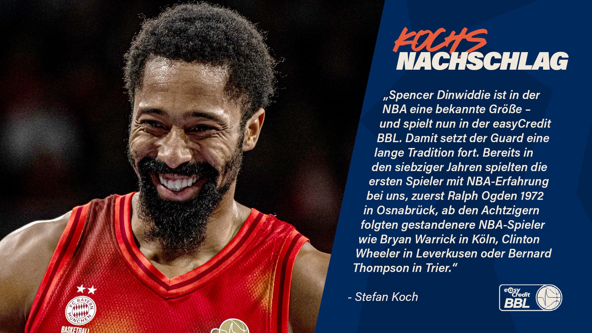 Die Bayern haben Spencer Dinwiddie verpflichtet, der zuvor 494 Spiele in der NBA absolviert hat. Ist der 32-jährige Combo Guard der namhafteste NBA-Profi, der aus der besten Liga der Welt in die deutsche Beletage gewechselt ist? Um das zu beurteilen, werfen wir hier im ersten Teil einen Blick auf die ersten gut drei Jahrzehnte der Bundesliga.